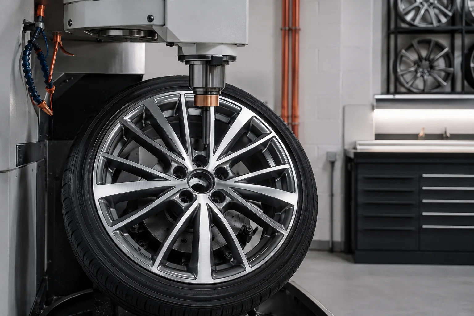 Alloy wheel positioned on CNC diamond-cutting equipment in a professional workshop